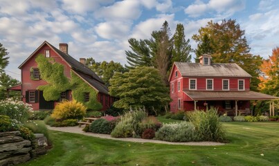 A picturesque farmhouse surrounded by idyllic countryside, featuring a classic red barn that adds to its rustic charm.