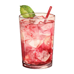 Vibrant Watercolor Cocktail with lime in a rocks glass Illustration in PNG, Cocktail with lemon and ice. Drink. Beach cocktail. Party. For printing on postcards, stickers, invitations, menus.