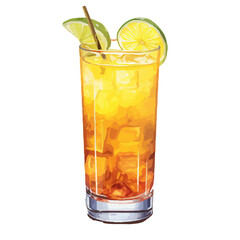 Vibrant Watercolor Cocktail with lime in a rocks glass Illustration in PNG, Cocktail with lemon and ice. Drink. Beach cocktail. Party. For printing on postcards, stickers, invitations, menus.