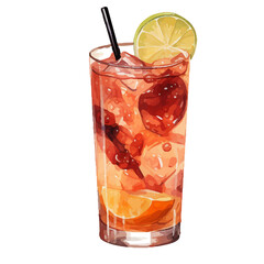 Vibrant Watercolor Cocktail with lime in a rocks glass Illustration in PNG, Cocktail with lemon and ice. Drink. Beach cocktail. Party. For printing on postcards, stickers, invitations, menus.