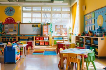Bright and cheerful primary school classroom with colorful decorations and educational materials