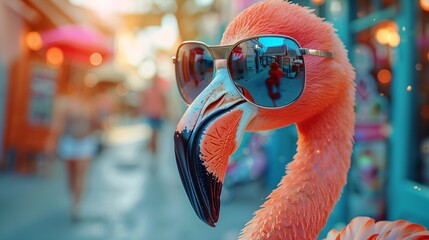 pink flamingo in sunglasses on summer background with copy space