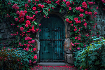 A hidden entrance to a secret garden with vibrant flowers and vines