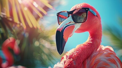 pink flamingo in sunglasses on summer background with copy space