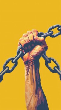 A powerful illustration of a raised fist breaking chains, symbolizing strength and freedom against a bold yellow background.