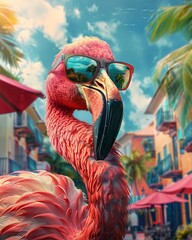close-up of flamingo in sunglasses 