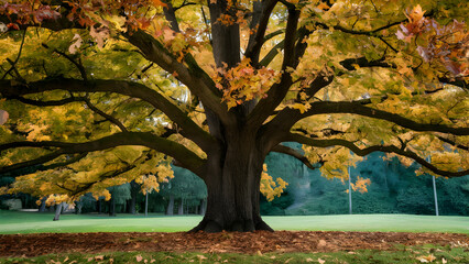 A photo of A majestic oak tree with colorful autumn leaves