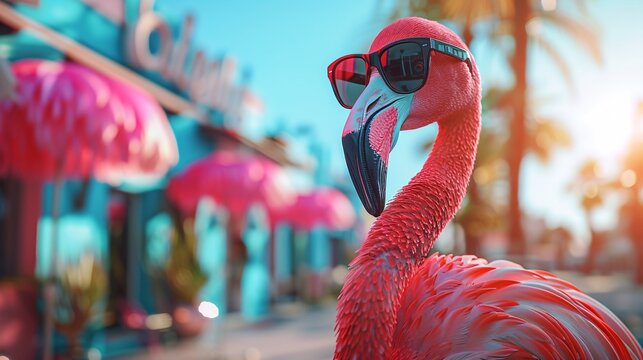 summer poster with flamingo in sunglasses