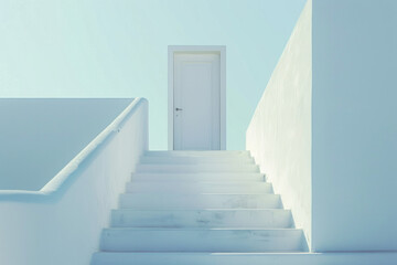Plain door at the top of a simple, minimalist staircase. The steps are clean lines, and the background is a solid color, emphasizing the ascent to the door