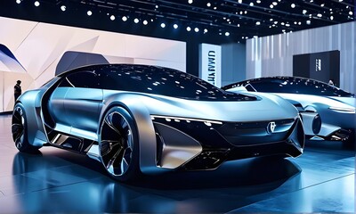 Obraz premium Showcasing newly invented hi-tech cars at a modern showroom, highlighting the latest advancements in automotive technology and innovation.