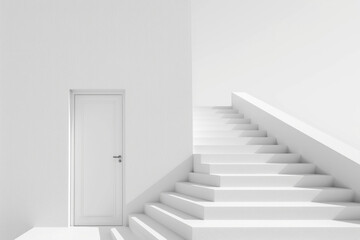 Fototapeta premium Plain door at the top of a simple, minimalist staircase. The steps are clean lines, and the background is a solid color, emphasizing the ascent to the door