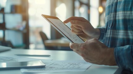 Close-up of male hands holding a digital tablet with architectural plans on the screen