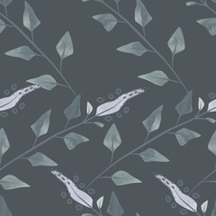 Flowering twigs and leaves of mint or lemon balm in a dusty green color in sketch style. Seamless watercolor pattern for fabric, wallpaper, wrapping paper, packaging cosmetics, tablecloths, curtains