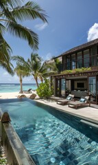 Luxurious beachfront residence with a beautiful swimming pool overlooking the sea.