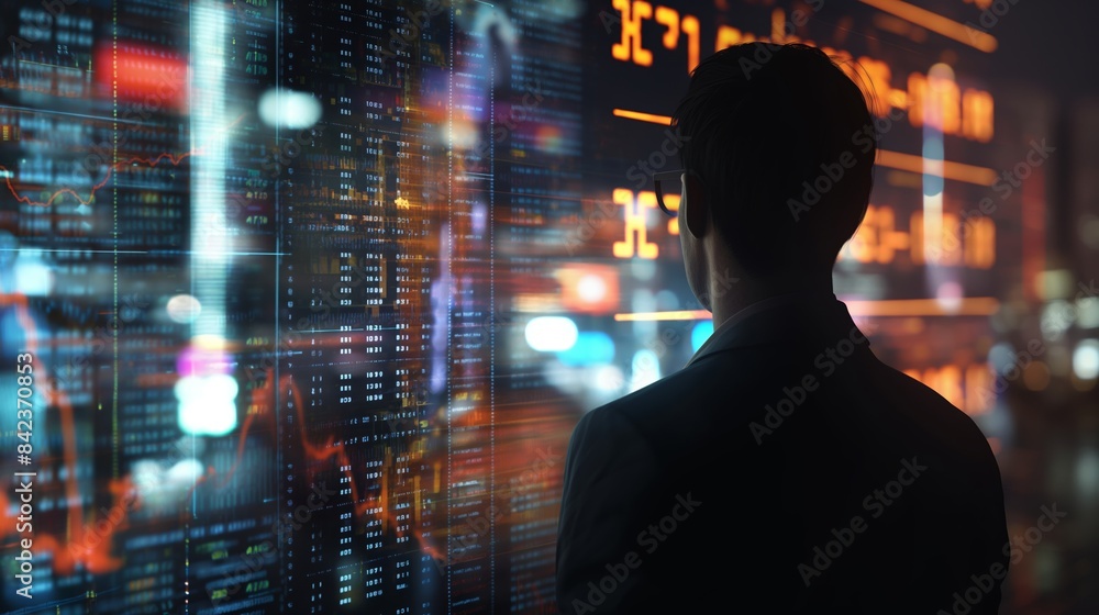 Poster a man in a suit analyzes financial data across multiple digital screens with city backdrop