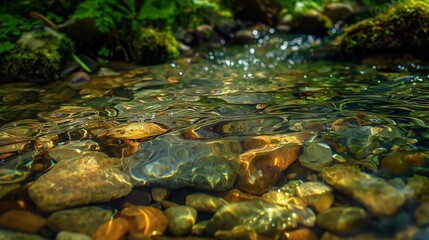 Obraz premium Tranquil Stream of Sunlit Waters Over Smooth Stones