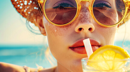 A close-up portrait of a person wearing sunglasses and a straw hat, enjoying a refreshing drink with a slice of lemon on a sunny beach