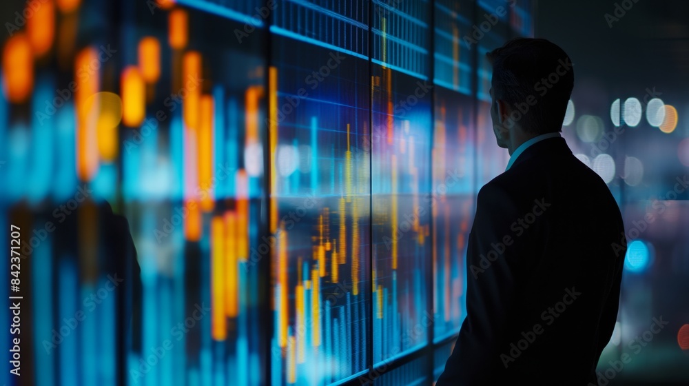 Poster a businessman stands observing interactive data screens in a high-tech environment