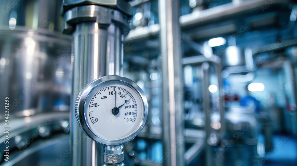 Poster close-up of a temperature sensor gauge mounted on a pipe in a factory setting