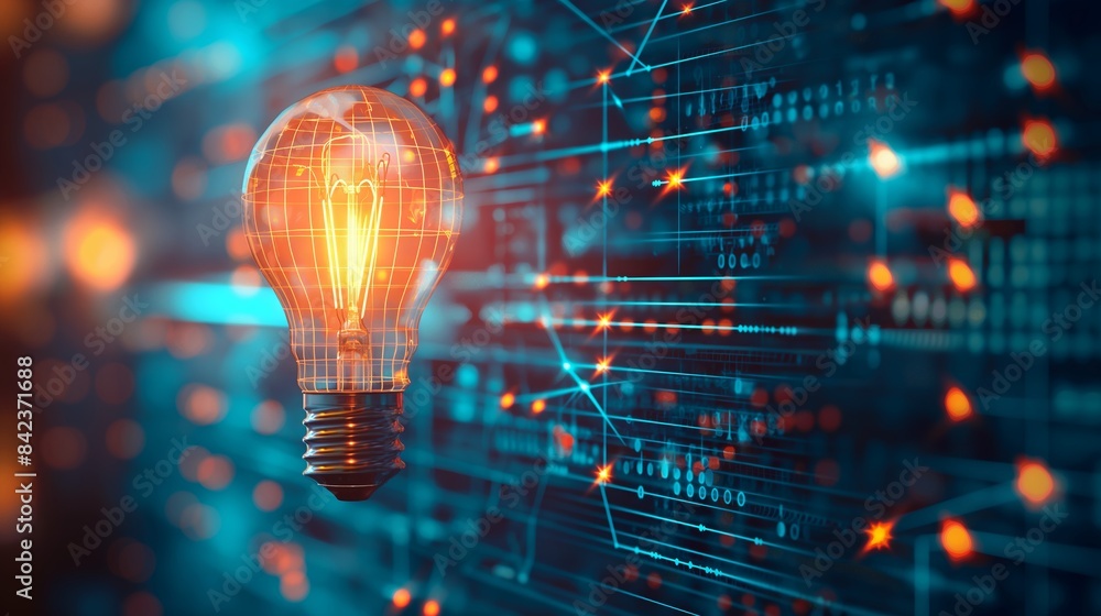 Aufkleber an incandescent bulb stands out against a complex background of glowing red digital circuits and bok