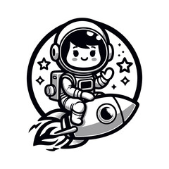 Cute Astronaut Girl Riding Rocket And Waving Hand Cartoon Icon Illustration. Cute Girl Astronaut logo mascot