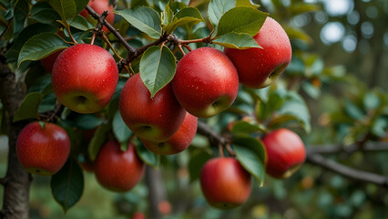 Lush red apples hang ripe and ready on the trees, ready for picking and enjoying their crisp, sweet juiciness fresh from the orchard.