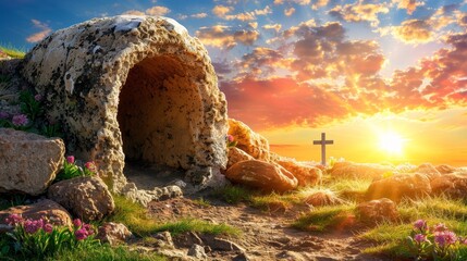 Symbolic sunrise  empty tomb with cross, representing jesus christ s resurrection and easter message