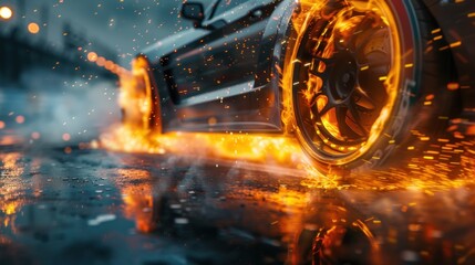 Disc brakes burn with high temperature and the smoke of racing cars
