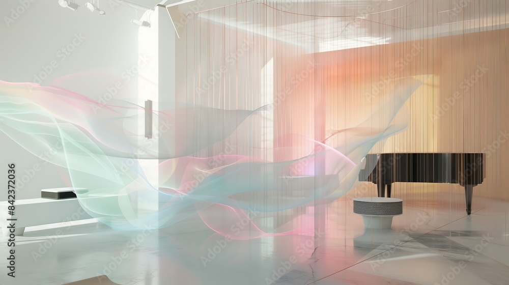 Poster a modern studio features sound waves creating mesmerizing pastel patterns, offering a visual and aud