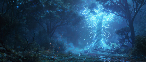 Obraz premium A dense dark forest with a vibrant bioluminescent mushroom standing tall and glowing