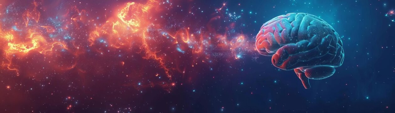 Brain intertwined with cosmic energy and shooting stars, 2D illustration, topdown perspective, vibrant and mystical