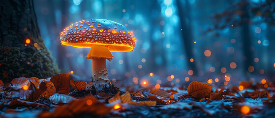 A single tall bioluminescent mushroom standing out, glowing vibrantly in the dark forest