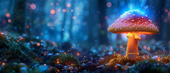 A single tall bioluminescent mushroom glowing vibrantly in the dense dark forest