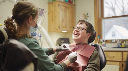 A dental hygienist assists a man with Down syndrome in a warm, welcoming room, ensuring comfort and care.