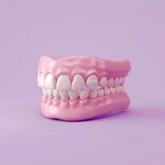 Obraz premium Denture 3D Icon Create a 3D icon of a full set of dentures, realistically detailed, placed on a soft pink, AI Generative