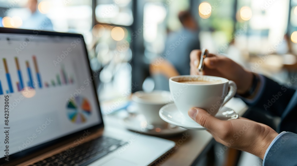 Poster a professional setting with a person analyzing graphs on a laptop and enjoying a cup of coffee