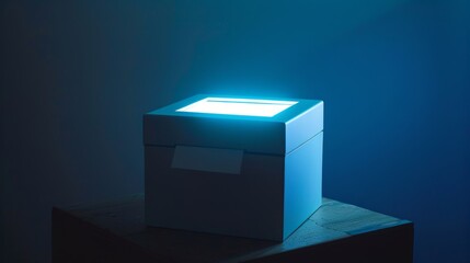 High contrast image of a modern ballot box with electronic voting interface, illuminated against a deep, shadowy backdrop, symbolizing technology in democracy