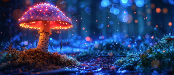 A tall bioluminescent mushroom emitting vibrant light in the dense dark forest