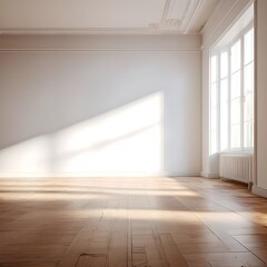 Fototapeta premium Empty room interior design, open space with white walls and parquet wooden floor, modern contemporary architecture