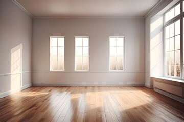 Fototapeta premium Empty room interior design, open space with white walls and parquet wooden floor, modern contemporary architecture
