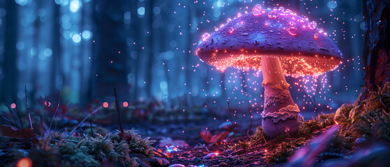 A tall vibrant bioluminescent mushroom emitting light in the dark forest