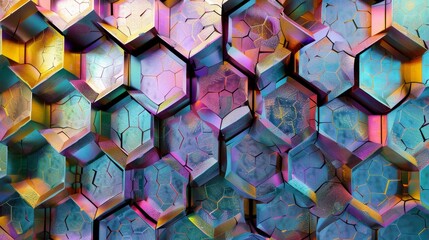 Intricate hexagonal patterns interlocking, vivid colors, digital beehive effect, sharp 3D rendering, futuristic design