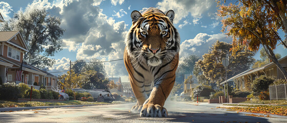 A tiger prowling through a residential street in a quiet neighborhood © Starkreal