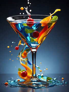 Martini Glass with Colorful Liquid and Falling Cherry,ai generate.