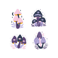 Mystical mushrooms with moon, third evil eyes, floral elements. Fantasy fungi amanita, toadstool vector illustration. Whimsical fairy plant set isolated on white.