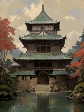 Japanese castle, rendered in stunning oil paintings that capture the essence of traditional Japanese art,Ai generate