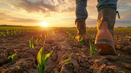 Agricultural, farmer boots moving away from the camera in a cornfield at sunset, with sprouting corn plants and a warm, glowing sky.