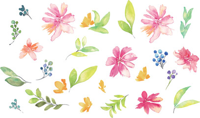 水彩画。水彩タッチの花と草木イラスト。植物のベクターイラスト。華やかな花の装飾イラスト。Watercolor painting. Flowers and plants illustration with watercolor touch. Vector illustration of plants. Gorgeous flower decoration illustration. © necomammma