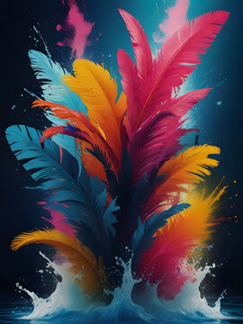 Feathers are floating in the water. The background is dark blue. Light shines down from above. The feathers are white, come in many sizes, ai generate