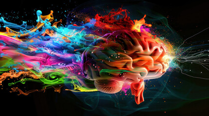Obraz premium A vibrant human brain exploding with colorful knowledge and creativity, with ideas and concepts bursting forth in a radiant display.